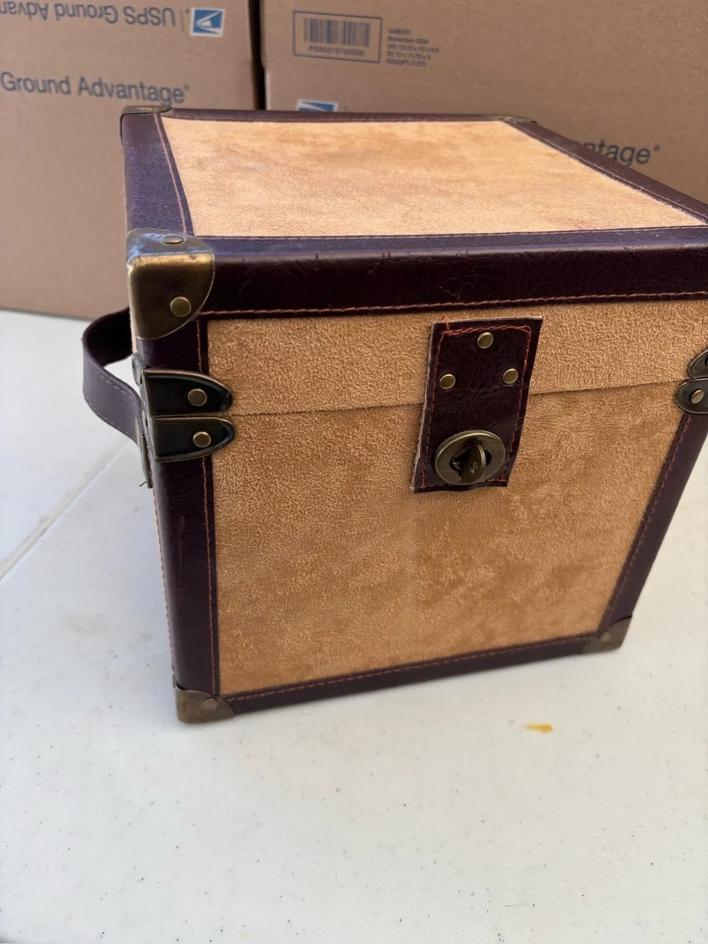 Vintage-Style Tan and Brown small Storage Trunk with Lock
